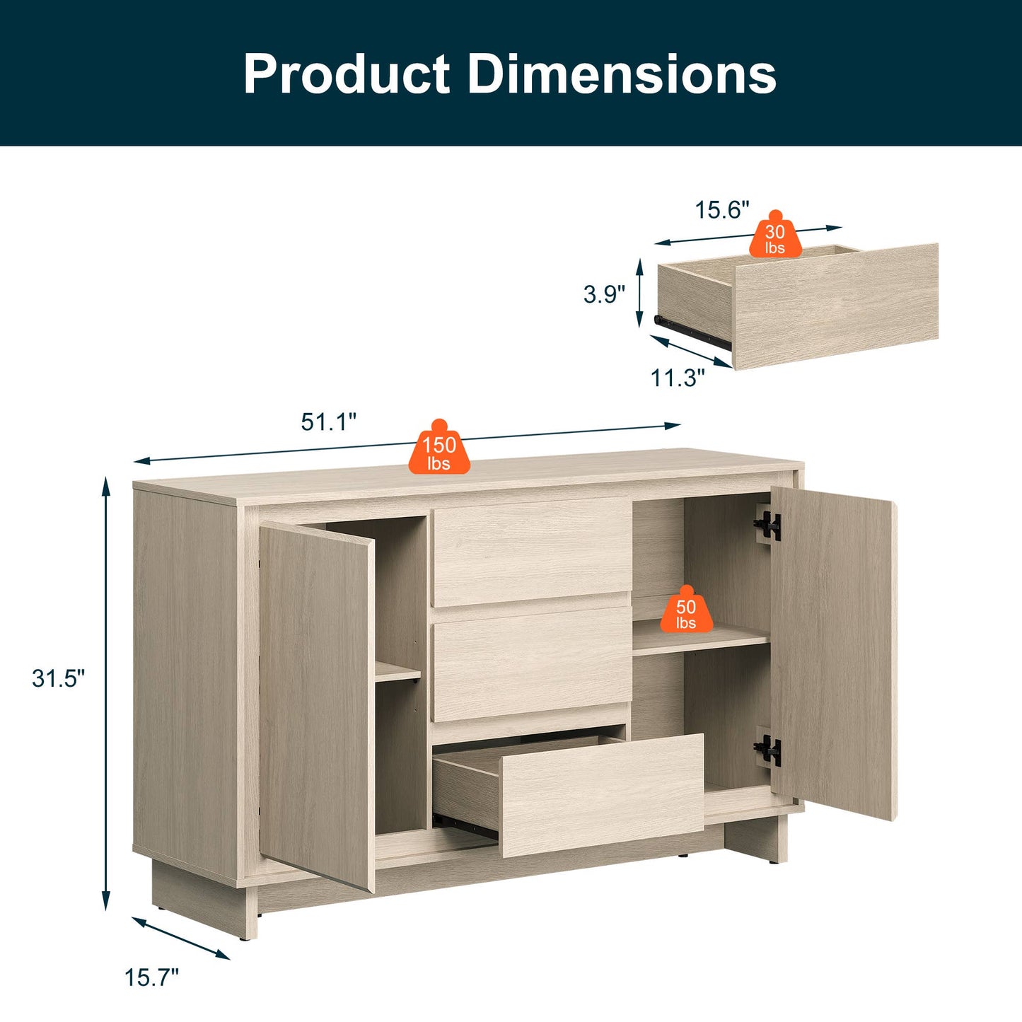 Modern Storage Cabinet with 2 Doors & 3 Drawers