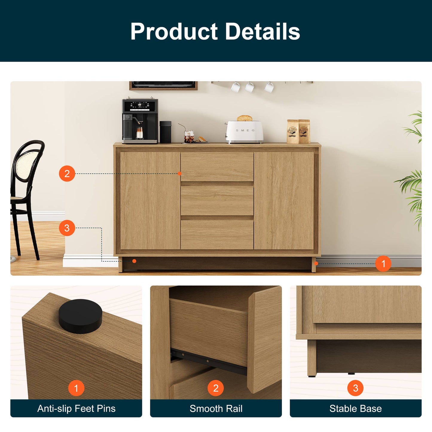 Modern Storage Cabinet with 2 Doors & 3 Drawers