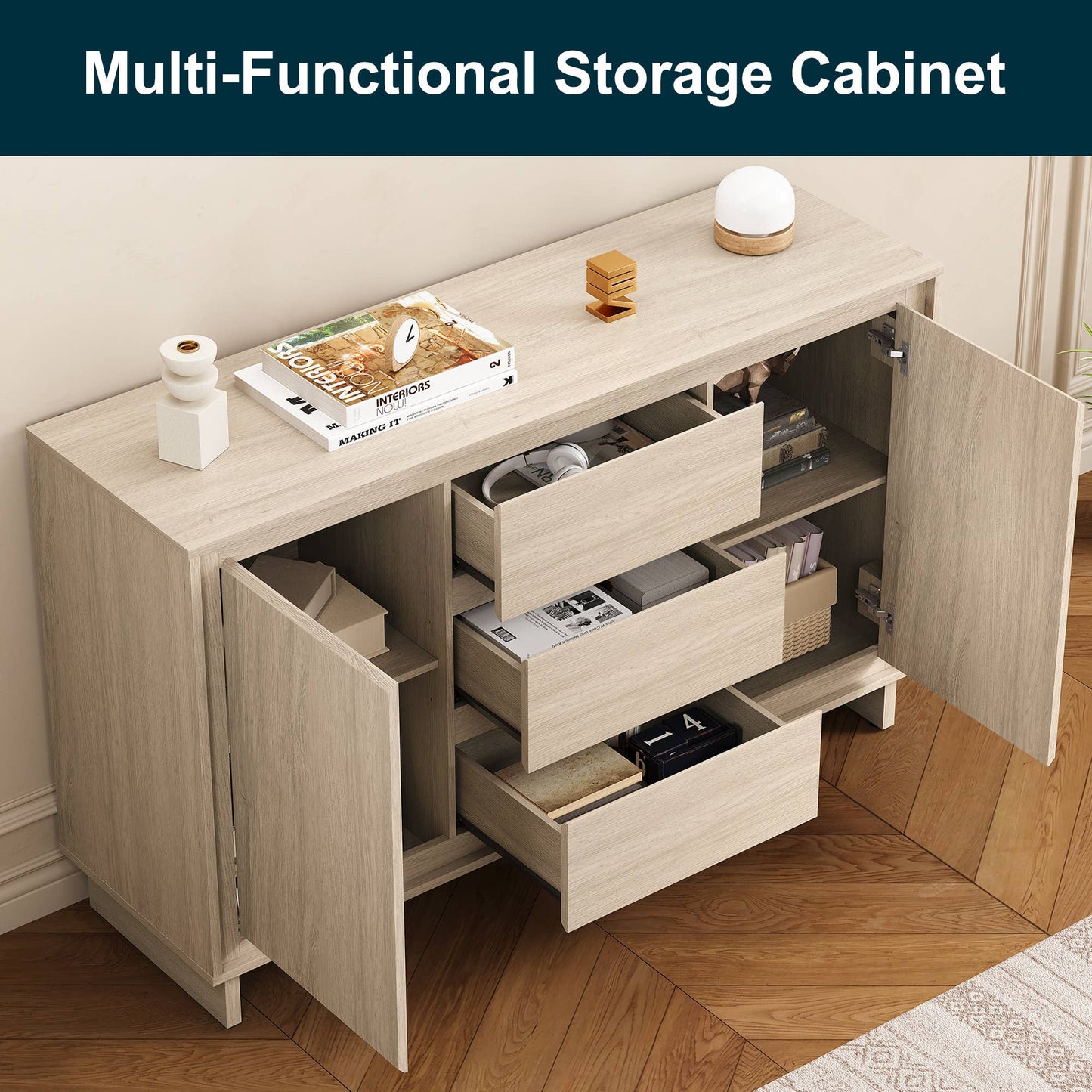 Modern Storage Cabinet with 2 Doors & 3 Drawers