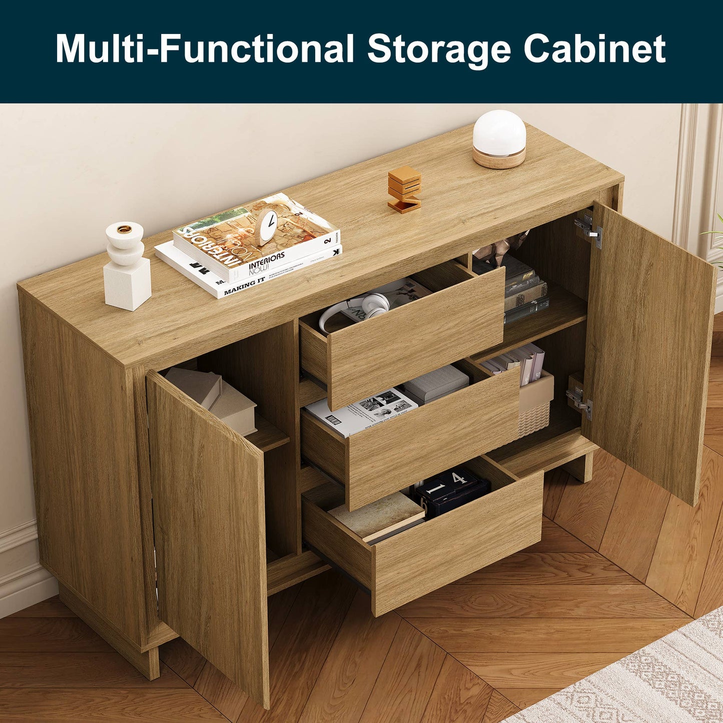Modern Storage Cabinet with 2 Doors & 3 Drawers