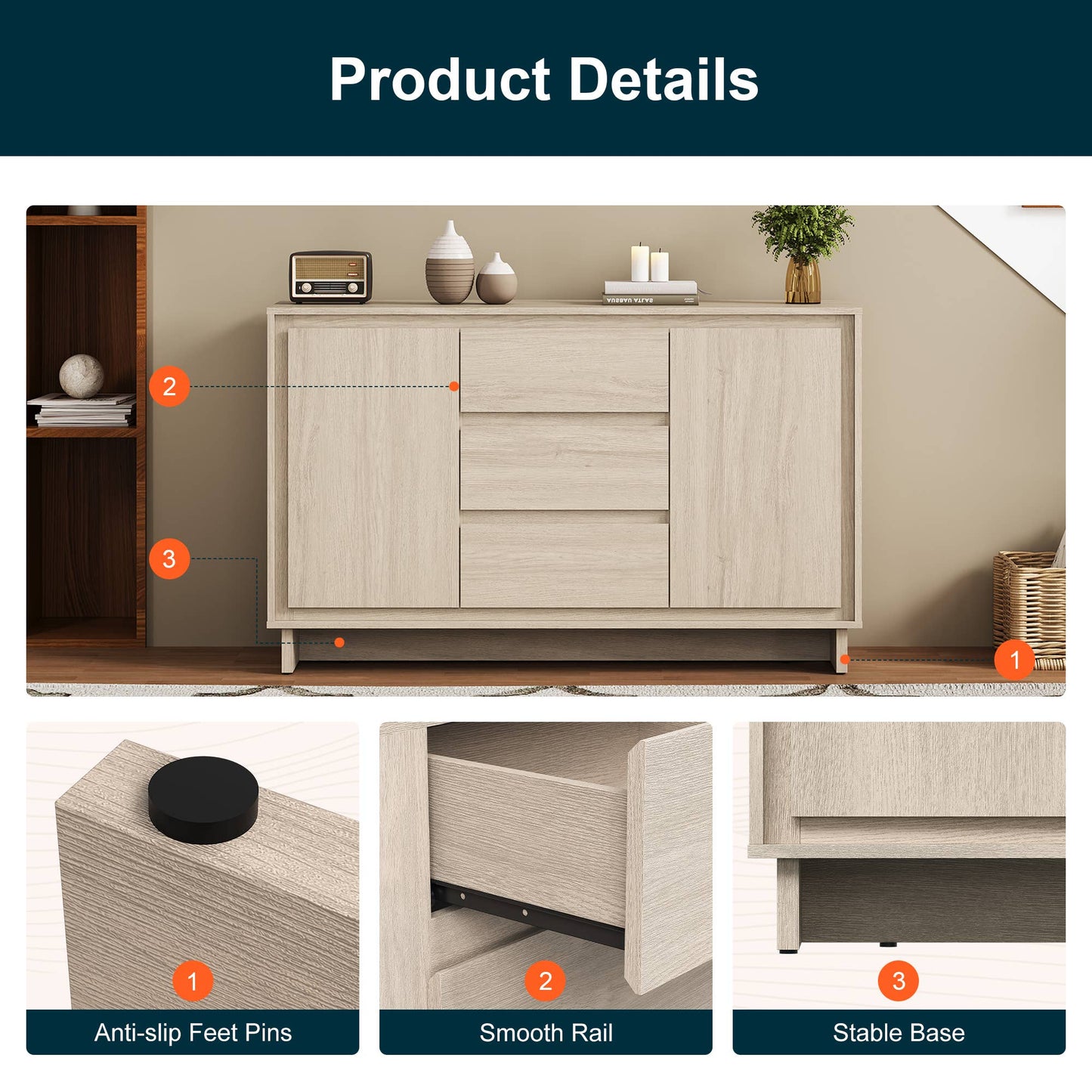 Modern Storage Cabinet with 2 Doors & 3 Drawers