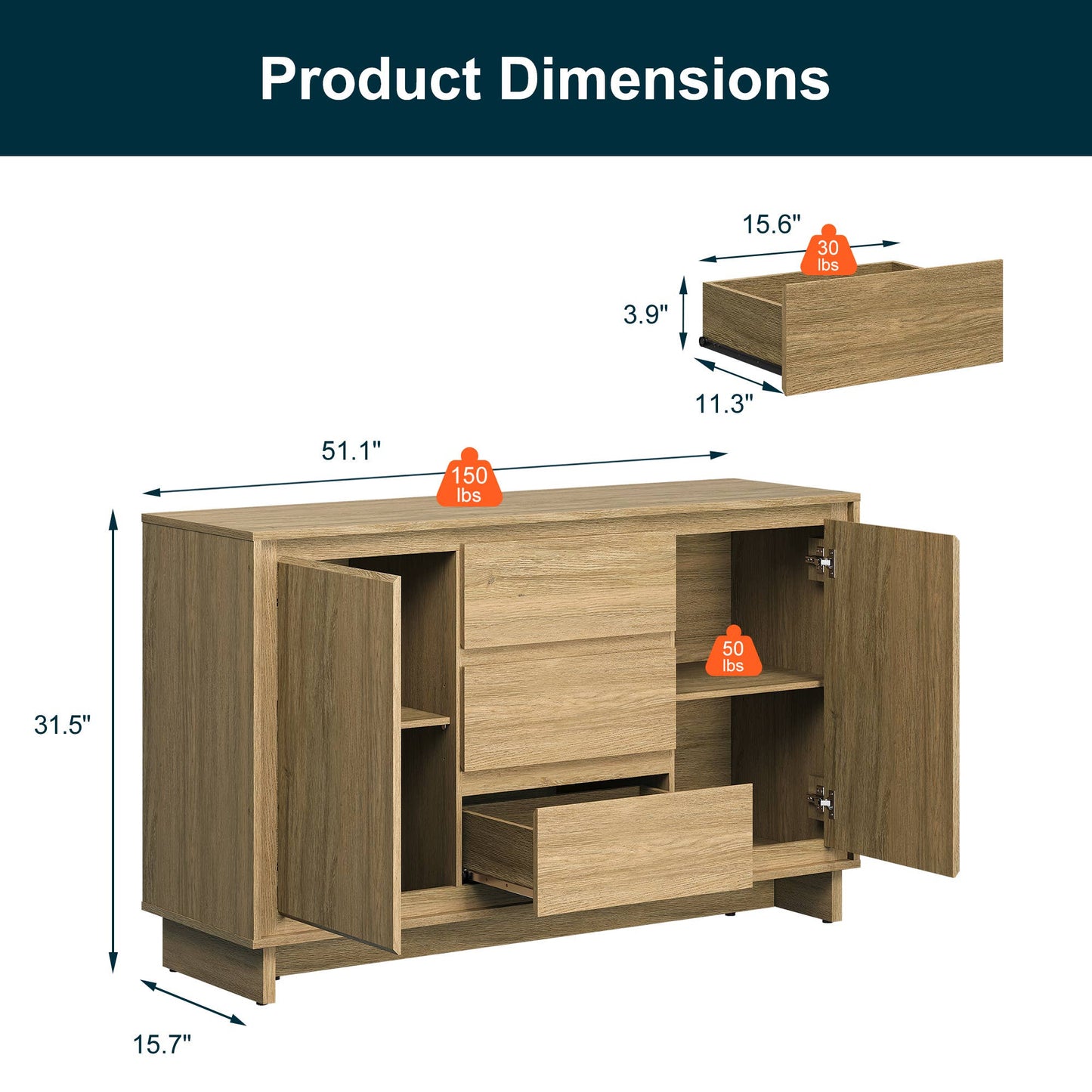 Modern Storage Cabinet with 2 Doors & 3 Drawers